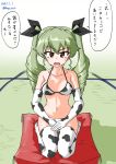  1girl 2021 absurdres anchovy_(girls_und_panzer) animal_costume animal_print bikini chinese_zodiac cow cow_costume cow_girl cow_print cushion drill_hair drops_mint elbow_gloves girls_und_panzer gloves green_hair hair_ribbon highres long_hair new_year ribbon seiza sitting solo swimsuit thighhighs translation_request twin_drills twintails year_of_the_ox 