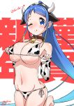  1girl animal_ears animal_print artist_name bell blue_eyes blue_hair blush breasts closed_mouth collarbone cow_ears cow_girl cow_horns cow_print cowbell groin happy_new_year heart horns kantai_collection large_breasts long_hair military military_uniform naval_uniform new_year one_eye_closed samidare_(kantai_collection) signature smile solo tongue tongue_out uniform very_long_hair white_background yokoshima_(euphoria) 