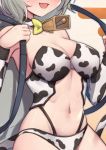 1girl :d animal_print armpits bare_shoulders bell bikini bow bowtie breasts carrying chinese_zodiac choker close-up cow_print cow_tail cowbell detached_sleeves fang granblue_fantasy grey_hair hands_up highres long_sleeves medium_breasts midriff navel open_mouth sen_(granblue_fantasy) short_hair smile solo stomach sweatdrop swimsuit tail thighs uneg white_bikini year_of_the_ox zodiac 