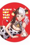  1girl 2021 :d animal_ears animal_print bare_shoulders bell black_hair blush bottle bow breasts chinese_zodiac cleavage commentary_request cow_ears cow_girl cow_horns cow_print cow_tail dress drinking_straw ear_tag grey_eyes happy_new_year holding holding_bottle horns kurono_kito large_breasts long_hair low_twintails lying making-of_available milk milk_bottle mole mole_under_eye multicolored_hair new_year on_side open_mouth original print_dress sleeveless sleeveless_dress smile solo striped striped_bow tail twintails two-tone_hair upper_teeth white_dress white_hair wrist_cuffs year_of_the_ox 