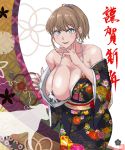  1girl 2021 absurdres black_kimono blue_eyes blush breasts brown_hair cleavage collarbone eyebrows_visible_through_hair floral_print hair_between_eyes happy_new_year highres intrepid_(kantai_collection) japanese_clothes kantai_collection kimono large_breasts long_sleeves new_year obi open_mouth ponytail print_kimono sash short_hair smile solo sozan wide_sleeves 