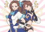  2girls armor bangs beatrix_(granblue_fantasy) breasts brown_hair cleavage gloves granblue_fantasy green_eyes hair_ornament katarina_claes ll_0109 multiple_girls open_mouth otome_game_no_hametsu_flag_shika_nai_akuyaku_reijou_ni_tensei_shite_shimatta ponytail 