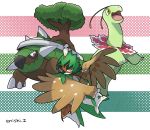  commentary_request creature decidueye enishi_(menkura-rin10) gen_2_pokemon gen_4_pokemon gen_7_pokemon highres looking_at_viewer meganium no_humans pokemon pokemon_(creature) signature striped striped_background torterra 