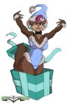  alpha_channel anthro bow_tie breasts brolly_ferret brown_body brown_fur clothed clothing domestic_ferret female fur gift hair hi_res mammal mustela mustelid musteline purple_hair simple_background solo transparent_background yawg 