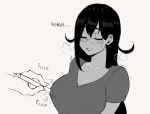  1girl artist_self-insert bangs black_hair blush breasts closed_eyes dark_skin dark_skinned_female disembodied_limb glasses greyscale highres large_breasts long_hair magic_hand monochrome motion_lines nipple_flick nipple_tweak nyantcha original shirt short_sleeves simple_background solo stylus t-shirt trembling tsona_(nyantcha) 