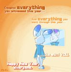  2021 anthro blue_body blue_clothing blue_fur blue_jacket blue_topwear bottomless clothed clothing dot_eyes english_text floating_ears fur gradient_background hi_res holidays iida_(skweekers) jacket looking_at_mirror looking_at_object male mirror narration new_year nintendo orange_background pink_body pink_fur pink_inner_ear pok&eacute;mon pok&eacute;mon_(species) scorbunny short_tail simple_background skweekers solo standing tan_background text topwear undertale video_games white_body white_fur zipper 