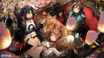  amiya_(arknights) angelina_(arknights) animal_ears aqua_eyes arknights black_hair brown_hair bunny_ears bunnygirl closure_(arknights) drink fang logo long_hair red_eyes shorts tagme_(artist) twintails vampire 