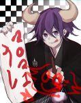  1boy 2021 :q bangs black_background breasts calligraphy_brush checkered checkered_background commentary_request danganronpa_(series) danganronpa_v3:_killing_harmony gradient gradient_background hair_between_eyes hand_up highres holding holding_paintbrush horns japanese_clothes kimono kitsunebi_v3kokonn long_sleeves looking_at_viewer male_focus medium_breasts medium_hair ouma_kokichi paintbrush purple_eyes purple_hair smile solo teeth tongue tongue_out upper_body white_background 