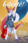  ! 2019 anthro arc_de_triomphe canid canine clothed clothing detailed_background eiffel_tower eyebrows female fluffy fluffy_tail fox france freckles french_flag french_text fur gradient_background grey_body grey_fur hair hi_res holding_flag mammal military nazi_flag orange_hair paris partially_clothed pimpartist pink_nose poster resistance simple_background solo standing swastika text traditional_media_(artwork) world_war_2 yellow_eyes 