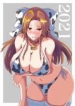  1girl 2021 animal_print bell bikini border bow breasts brown_eyes brown_hair cleavage commentary_request cow_print cowbell cowboy_shot grey_background hair_bow hair_intakes half_updo highres huge_breasts jintsuu_(kantai_collection) kantai_collection kurage_ituki long_hair looking_at_viewer side-tie_bikini solo swimsuit thighhighs two-tone_background white_bikini white_border white_bow white_legwear 