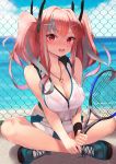  1girl :d azur_lane black_bra blue_footwear blush bra breasts bremerton_(azur_lane) bremerton_(scorching-hot_training)_(azur_lane) chain-link_fence cleavage fence grey_hair hair_ornament hairclip highres holding indian_style jewelry large_breasts looking_at_viewer multicolored_hair nail_polish necklace nose_blush ocean on_ground open_mouth pink_eyes racket red_hair red_nails rin2008 see-through shoes sitting smile sneakers solo sportswear streaked_hair sweat sweatband tennis_racket tennis_uniform twintails two-tone_hair underwear water x_hair_ornament 