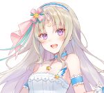  1girl blonde_hair blush civia collarbone dress fukahire_(ruinon) hair_ornament headband hololive hololive_china horns long_hair looking_at_viewer official_art open_mouth purple_eyes simple_background single_horn sleeveless smile solo virtual_youtuber white_background 