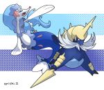  commentary_request creature enishi_(menkura-rin10) gen_5_pokemon gen_7_pokemon highres looking_at_viewer no_humans pokemon pokemon_(creature) primarina samurott signature striped striped_background 