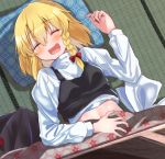  1girl black_vest blonde_hair blush braid closed_eyes commentary_request drooling eyebrows_visible_through_hair fang hat hat_removed headwear_removed highres kirisame_marisa kotatsu long_sleeves midriff mukkushi open_mouth pillow saliva shirt side_braid single_braid skin_fang sleeping solo table tatami touhou under_kotatsu under_table vest white_shirt 