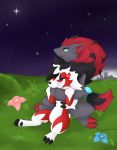  angry anthro black_claws blush canid canine claws cross-popping_vein dragonhonor_(artist) duo flower fur grass green_eyes grey_body grey_fur hi_res hug hugging_from_behind lycanroc mammal midnight_lycanroc nintendo plant pok&eacute;mon pok&eacute;mon_(species) red_body red_claws red_eyes red_fur ringed_eyes star toe_claws unknown_artist vein video_games white_body white_fur zoroark 