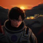  1girl bangs black_hair blurry blurry_background closed_eyes dr._amelia_brand eatslugs english_commentary facing_viewer highres interstellar_(movie) nasa_logo orange_sky outdoors parted_bangs short_hair sky solo spacesuit sunset upper_body 