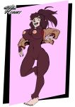  2019 absurd_res anthro big_breasts breasts brown_body brown_fur canid canine clothing female fours_(artist) fur hair hi_res humanoid_pointy_ears jacket looking_at_viewer mammal mostly_nude on_one_leg ponytail pubes sharp_teeth solo standing teeth topwear varsity_jacket were werecanid werecanine werewolf wolfman yellow_eyes 