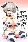  1girl 2021 :d animal_ears animal_print bangs bare_shoulders bell bikini black_collar blue_eyes blush breasts cleavage collar collarbone commentary_request cow_ears cow_horns cow_print cowbell detached_sleeves ear_tag eyebrows_visible_through_hair fake_animal_ears fake_horns fang front-tie_bikini front-tie_top full_body grey_hair hair_between_eyes happy_new_year highres horns large_breasts looking_at_viewer navel new_year open_mouth paw_print short_hair side-tie_bikini sitting skindentation smile solo string_bikini swimsuit take_(shokumu-taiman) thighhighs uzaki-chan_wa_asobitai! uzaki_hana wavy_mouth 