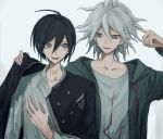  2boys ahoge black_hair coat collarbone collared_shirt commentary_request danganronpa_(series) danganronpa_2:_goodbye_despair danganronpa_v3:_killing_harmony green_coat grey_eyes grey_hair grey_shirt hair_between_eyes hand_on_own_chest highres holding holding_clothes holding_jacket hooded_coat index_finger_raised iumi_urura jacket komaeda_nagito long_fingers long_sleeves looking_at_another male_focus messy_hair multiple_boys open_clothes open_coat open_mouth print_shirt saihara_shuuichi shirt simple_background smile upper_body 