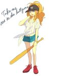  1girl :d alternate_color alternate_costume arm_at_side baseball_bat baseball_cap blue_eyes canari commentary_request denim english_text hand_on_own_cheek hand_on_own_face hat high_ponytail hilda_(pokemon) holding holding_baseball_bat jeans messy_hair navel new_york_yankees open_mouth orange_hair pants poke_ball_symbol pokemon pokemon_(game) pokemon_bw red_footwear shirt shoelaces shoes short_shorts short_sleeves shorts sidelocks simple_background smile sneakers solo striped striped_shirt teeth tied_shirt white_background 