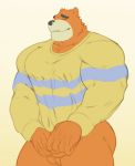  2020 animal_crossing anthro balls bottomless bozi clothed clothing clothing_pull eyebrows eyes_closed fur genitals hi_res long_sleeves male mammal multicolored_body multicolored_fur muscular muscular_anthro muscular_male nintendo orange_body orange_fur shirt shirt_pull simple_background solo standing teddy_(animal_crossing) topwear topwear_pull two_tone_body two_tone_fur ursid video_games white_background white_body white_fur 