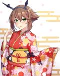  1girl bangs breasts brown_hair closed_mouth commentary_request egasumi eyebrows_visible_through_hair floral_print green_eyes grey_hairband hair_between_eyes hairband hand_up highres japanese_clothes kantai_collection kimono long_sleeves looking_at_viewer monoku mutsu_(kantai_collection) obi print_kimono red_kimono sash sleeves_past_wrists small_breasts smile solo white_background wide_sleeves 