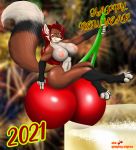  absurd_res anthro breasts canid canine cherry female fluffy fluffy_tail food fox fruit happy hi_res holidays mammal new_year nipples pinup_pose plant smartwhitefang solo werefoxie 