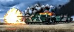  caterpillar_tracks cloud commentary_request day explosion forest grass ground_vehicle highres k1_(tank) k2_black_panther korean_commentary military military_vehicle motor_vehicle nature no_humans original sky smoke tank yihan_world 