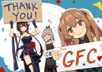  3girls :3 absurdres black_dress bow brown_eyes brown_hair dress english_commentary english_text girls_frontline gloves grey_hair hair_bow hair_ornament highres holding holding_sign kion-kun m200_(girls_frontline) multiple_girls official_alternate_costume open_mouth purple_eyes scar scar_across_eye second-party_source sign smile strapless strapless_dress twitter_username type_79_(girls_frontline) ump9_(girls_frontline) 