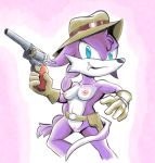  anthro archie_comics belt blue_eyes braided_hair breasts clothing cowboy_hat female fours_(artist) fur gloves gun hair handgun handwear hat headgear headwear hi_res holster mammal mostly_nude mustela mustelid musteline nicolette_the_weasel purple_body purple_fur ranged_weapon revolver small_breasts snaggle_tooth solo sonic_the_hedgehog_(archie) sonic_the_hedgehog_(comics) sonic_the_hedgehog_(series) weapon 