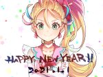  1girl 2021 blonde_hair blue_hair choker closed_mouth collarbone commentary_request crossed_arms cure_summer green_eyes happy_new_year highres lazy_orange long_hair looking_at_viewer magical_girl multicolored_hair natsumi_manatsu new_year pink_hair ponytail precure solo star_(symbol) starry_background tropical-rouge!_precure upper_body white_background white_choker 