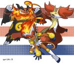  commentary_request creature delphox emboar enishi_(menkura-rin10) gen_4_pokemon gen_5_pokemon gen_6_pokemon highres infernape looking_at_viewer no_humans pokemon pokemon_(creature) signature striped striped_background 