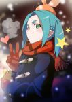  blue_hair coat cup green_eyes heart highres holding holding_cup monogatari_(series) ononoki_yotsugi scarf star_(symbol) v winter winter_clothes yocto_mako 