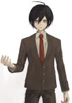  1boy ahoge alternate_costume bangs black_hair brown_eyes brown_jacket brown_pants collared_shirt commentary_request cowboy_shot danganronpa_(series) danganronpa_v3:_killing_harmony grey_background hand_up iumi_urura jacket long_sleeves looking_at_viewer male_focus necktie pants red_neckwear saihara_shuuichi shirt simple_background solo standing white_shirt 