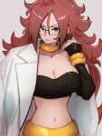  1girl android_21 blue_eyes breasts choker cleavage collarbone dragon_ball dragon_ball_fighterz earrings glasses grey_background hair_between_eyes hand_up hoop_earrings jewelry kemachiku labcoat long_hair looking_at_viewer majin_android_21 medium_breasts midriff navel red_hair simple_background solo yellow_choker 