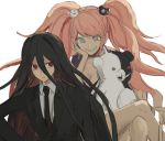  1boy bangs bear_hair_ornament black_hair black_jacket black_neckwear blue_eyes breasts cleavage commentary_request crossed_legs danganronpa_(series) danganronpa_3_(anime) enoshima_junko formal grin hair_between_eyes hair_ornament hand_on_own_cheek hand_on_own_face holding iumi_urura jacket kamukura_izuru long_hair looking_at_another male_focus medium_breasts monokuma necktie red_eyes shirt simple_background sketch smile suit twintails very_long_hair white_background white_shirt 