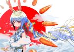  1girl animal_ear_fluff animal_ears bangs bare_arms blue_hair braid bunny_ears carrot_hair_ornament china_dress chinese_clothes closed_mouth colored_inner_hair cosplay cowboy_shot don-chan_(usada_pekora) dress eyebrows_visible_through_hair flat_chest food_themed_hair_ornament from_side hair_ornament high_collar highres hikimayu hololive lilith_aensland lilith_aensland_(cosplay) long_hair multicolored_hair new_year rabbit_girl short_eyebrows sidelocks solo tonegawa_ribu twin_braids two-tone_hair usada_pekora virtual_youtuber white_hair 