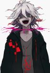  1boy :d bangs blood collarbone commentary_request crazy crazy_eyes crazy_smile danganronpa_(series) danganronpa_2:_goodbye_despair green_jacket grey_background grey_hair grey_shirt hair_between_eyes highres iumi_urura jacket komaeda_nagito long_sleeves looking_at_viewer male_focus messy_hair open_clothes open_jacket open_mouth pink_blood print_shirt shirt simple_background smile solo teeth upper_body white_hair 