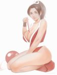  1girl ball bangs belt between_legs breasts brown_hair cleavage dead_or_alive hand_between_legs japanese_clothes kimono large_breasts legs_together looking_at_viewer nextoad ponytail red_kimono seiza shiranui_mai sitting solo white_background white_belt wristband 