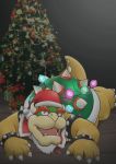  2020 anthro belly biped bowser christmas christmas_clothing christmas_headwear christmas_tree clothing fangs hat headgear headwear hi_res holidays kemono koopa lying mario_bros nintendo overweight overweight_anthro plant santa_hat scalie solo tongue tree trumpetsaurusu video_games 