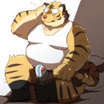  2021 anthro belly bulge clothed clothing erection erection_under_clothing felid genitals hi_res kemono male mammal omo_kemo overweight overweight_anthro overweight_male pantherine penis shirt sitting solo tiger tired topwear underwear 