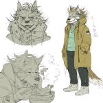  1:1 anthro biped bottomwear bowl brown_hair brown_tail canid canine canis clothed clothing coat eating footwear fur gamma-g grey_body grey_fur hair hi_res japanese_text male mammal multicolored_body multicolored_fur multiple_images shoes solo temujin text tokyo_afterschool_summoners topwear translation_request two_tone_body two_tone_fur two_tone_tail video_games white_body white_fur wolf yellow_eyes 