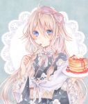  1girl ahoge blue_eyes braid closed_mouth commentary cutlery expressionless food fork frilled_sleeves frills hair_between_eyes highres holding holding_fork holding_plate ia_(vocaloid) japanese_clothes kimono long_hair marker_(medium) pancake paruno pink_hair plate ribbon solo striped striped_ribbon traditional_media twin_braids vocaloid wide_sleeves 