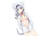  animal animal_ears aqua_eyes blush breasts cat catgirl cropped fang gray_hair hoodie mafuyu_(chibi21) nipples no_bra open_shirt original sketch tail white 