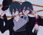  2boys :d ahoge black_hair black_headwear black_jacket bracelet caution_tape collarbone collared_shirt commentary_request cuffs danganronpa_(series) danganronpa_v3:_killing_harmony dual_persona formal frown grey_background grey_shirt handcuffs happy hat hat_removed headwear_removed highres holding holding_clothes holding_hat iumi_urura jacket jewelry keep_out long_fingers looking_at_viewer male_focus multicolored_hair multiple_boys necktie official_alternate_costume open_clothes open_jacket open_mouth pink_hair purple_hair red_eyes saihara_shuuichi shirt short_hair simple_background smile striped striped_jacket striped_neckwear suit upper_body upper_teeth v 