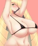  areolae armpits bikini blonde_hair blush breasts curvy fraankyy green_eyes hair_over_one_eye hands_up highres large_breasts long_hair looking_at_viewer lusamine_(pokemon) micro_bikini pokemon simple_background smile standing swimsuit 
