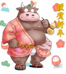  2021 anthro asian_clothing belly bovid bovine brown_body brown_fur bulge cattle chinese_new_year chinese_zodiac clothing east_asian_clothing footwear fundoshi fur holidays humanoid_hands japanese_clothing male mammal moobs navel new_year nipples one_eye_closed overweight overweight_anthro overweight_male sandals solo toshi_(artist) underwear wink year_of_the_ox 