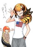  2girls absurdres american_flag antennae black_hair blonde_hair bug cardigan centipede centipede_girl choker crossed_arms evolvingmonkey fangs hand_in_pocket highres insect_girl multiple_girls ok_sign orange_eyes original pants shirt sweatdrop sweatpants t-shirt translated wasp_girl 