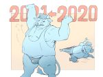  2021 4:3 anthro belly bottomwear bovid bovine bulge cattle chinese_new_year chinese_zodiac clothing duo eyes_closed holidays humanoid_hands inunoshippo male mammal murid murine new_year overweight overweight_male pants rat rodent shirt text topwear underwear year_of_the_ox 