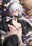  1girl absurdres ahoge bangs bikini black_bikini black_capelet black_gloves black_headwear black_legwear blush breasts capelet christmas elbow_gloves fate/grand_order fate_(series) fur-trimmed_capelet fur-trimmed_headwear fur_trim gloves hat highres isane jeanne_d&#039;arc_(alter)_(fate) jeanne_d&#039;arc_(fate)_(all) large_breasts looking_at_viewer merry_christmas navel revision santa_hat short_hair silver_hair swimsuit thighhighs untied untied_bikini yellow_eyes 
